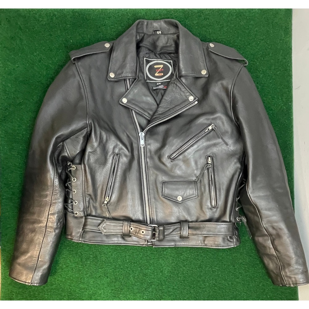 Vintage Zony Inc Black Leather Biker Jacket Thinsulate Lace Up Belted Mens 44